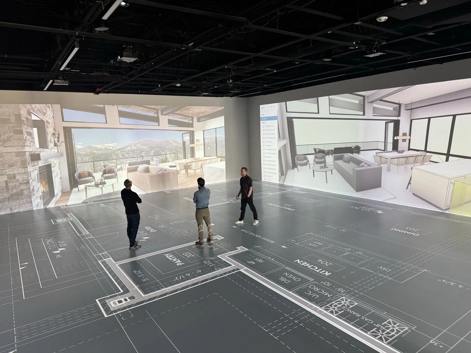 Projective Studios — team walking the projected floor plan with rendered interiors on walls